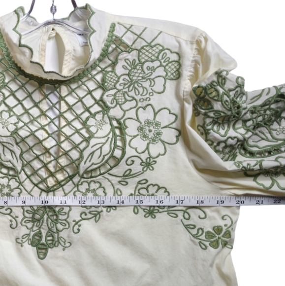 ASOS Cream Cotton Scalloped Collar Blouse Green Lattice Floral Embroidery size 8 - Picture 9 of 10